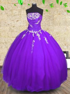 Cute Strapless Sleeveless Lace Up 15 Quinceanera Dress Purple Tulle