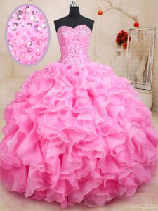 Fantastic Rose Pink Ball Gowns Organza Sweetheart Sleeveless Beading and Ruffles Floor Length Lace Up Quinceanera Gowns