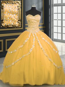 With Train Ball Gowns Sleeveless Gold 15th Birthday Dress Brush Train Lace Up