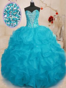 Aqua Blue Sleeveless Floor Length Beading Lace Up 15 Quinceanera Dress