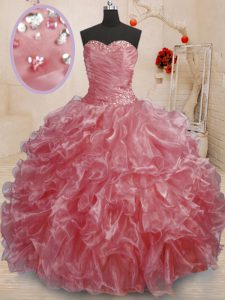 Elegant Watermelon Red Ball Gowns Sweetheart Sleeveless Organza Floor Length Lace Up Beading and Ruffles Quinceanera Gowns
