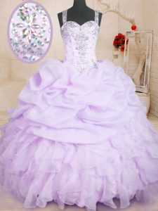 Fashion Lavender Ball Gowns Organza Straps Sleeveless Beading and Ruffles and Pick Ups Floor Length Lace Up Sweet 16 Dress