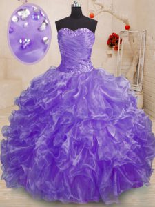 Decent Lavender Organza Lace Up Sweetheart Sleeveless Floor Length Sweet 16 Dress Beading and Ruffles