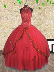 Fancy Tulle Halter Top Sleeveless Lace Up Beading Ball Gown Prom Dress in Red