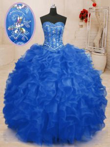 Best Blue Sweetheart Neckline Beading and Ruffles Sweet 16 Quinceanera Dress Sleeveless Lace Up