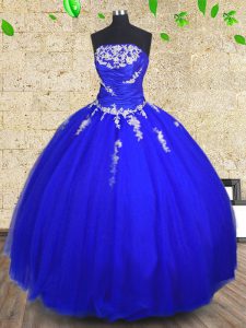 Edgy Floor Length Lace Up 15th Birthday Dress Royal Blue for Military Ball and Sweet 16 and Quinceanera with Appliques and Ruching