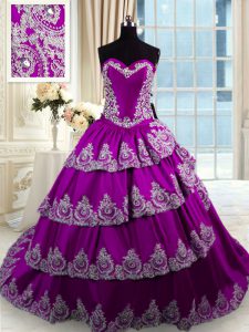 Ruffled Eggplant Purple Sleeveless Taffeta Lace Up Vestidos de Quinceanera for Military Ball and Sweet 16 and Quinceanera