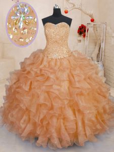 Orange Ball Gowns Sweetheart Sleeveless Organza Floor Length Lace Up Beading and Ruffles Damas Dress
