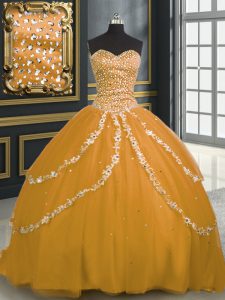 Beading and Appliques Quinceanera Gowns Gold Lace Up Sleeveless With Brush Train