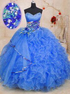 Charming Sweetheart Sleeveless Quince Ball Gowns Floor Length Beading and Ruffles Blue Organza