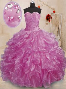 Custom Design Lilac Sleeveless Floor Length Beading and Ruffles Lace Up 15th Birthday Dress