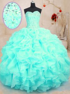 Custom Designed Floor Length Lace Up Sweet 16 Quinceanera Dress Aqua Blue for Military Ball and Sweet 16 and Quinceanera with Beading and Ruffles