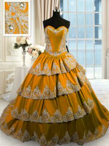 Trendy Brown Sleeveless Court Train Beading and Appliques and Ruffled Layers With Train Sweet 16 Quinceanera Dress