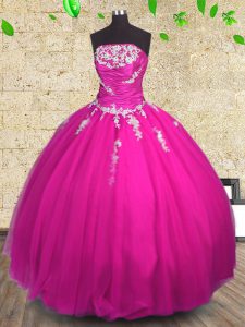 Decent Fuchsia Sleeveless Tulle Lace Up Quinceanera Gowns for Military Ball and Sweet 16 and Quinceanera