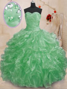 Simple Green Ball Gowns Organza Sweetheart Sleeveless Beading and Ruffles Floor Length Lace Up Quinceanera Dress