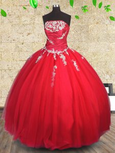 Floor Length Red Ball Gown Prom Dress Tulle Sleeveless Appliques and Ruching