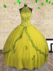 Exquisite Tulle Halter Top Sleeveless Lace Up Beading Vestidos de Quinceanera in Yellow