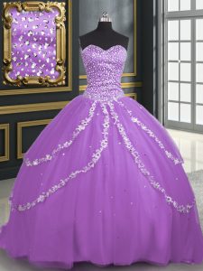 Sleeveless With Train Beading and Appliques Lace Up Ball Gown Prom Dress with Lavender Brush Train