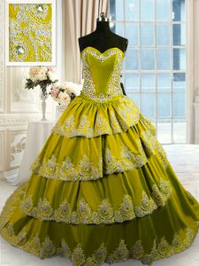 Olive Green Lace Up Sweetheart Beading and Appliques and Ruffled Layers 15th Birthday Dress Taffeta Sleeveless Court Train