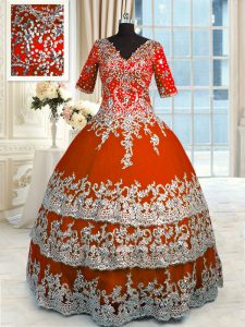 Sumptuous Orange Red Zipper V-neck Beading and Appliques and Ruffles Ball Gown Prom Dress Tulle Half Sleeves