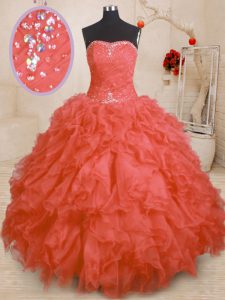 Floor Length Lace Up 15 Quinceanera Dress Orange Red for Military Ball and Sweet 16 and Quinceanera with Beading and Ruffles and Ruching