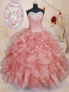 Traditional Watermelon Red Sweetheart Lace Up Beading and Ruffles Vestidos de Quinceanera Sleeveless
