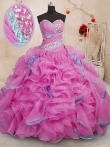 Discount Sweetheart Sleeveless Organza Quince Ball Gowns Beading and Ruffles Brush Train Lace Up