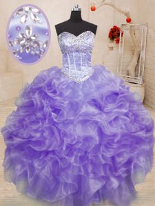 Best Lavender Ball Gowns Beading and Ruffles Quinceanera Gowns Lace Up Organza Sleeveless Floor Length