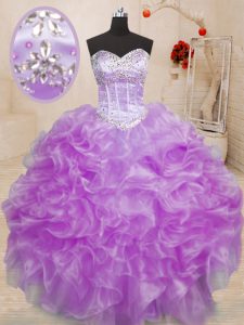 Beading and Ruffles Dama Dress Lilac Lace Up Sleeveless Floor Length