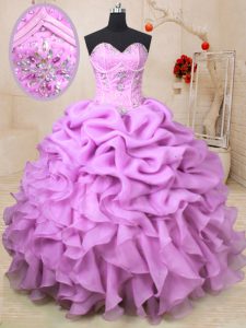 Vintage Sweetheart Sleeveless Organza 15th Birthday Dress Beading and Ruffles and Pick Ups Lace Up