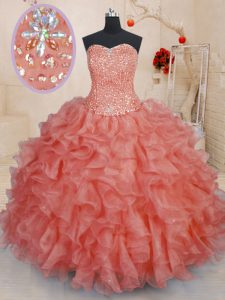Deluxe Watermelon Red Quinceanera Dresses Military Ball and Sweet 16 and Quinceanera and For with Beading and Ruffles Sweetheart Sleeveless Lace Up