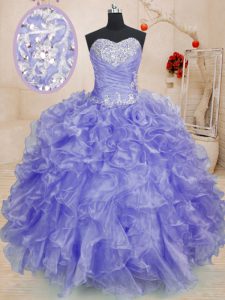 Lavender Organza Lace Up Quinceanera Dress Long Sleeves Floor Length Beading and Ruffles