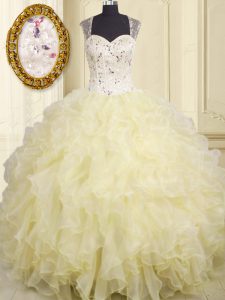 Light Yellow Organza Lace Up Quinceanera Gowns Sleeveless Floor Length Beading and Ruffles