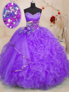 Organza Sweetheart Sleeveless Lace Up Beading and Ruffles 15th Birthday Dress in Lavender