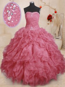 Sleeveless Organza Floor Length Lace Up 15th Birthday Dress in Pink with Beading and Ruffles and Ruching
