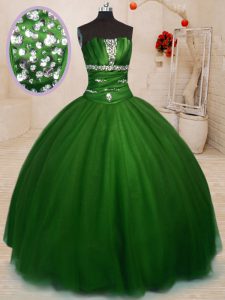 Green Sweet 16 Dresses Military Ball and Sweet 16 and Quinceanera and For with Beading Strapless Sleeveless Lace Up