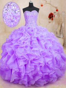 Artistic Sleeveless Organza Floor Length Lace Up Quinceanera Dresses in Lavender with Beading and Ruffles