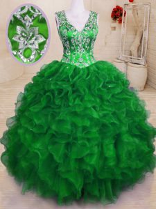 V-neck Sleeveless Zipper Ball Gown Prom Dress Green Organza