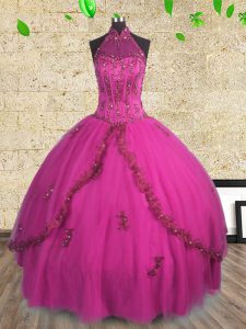 Fuchsia Ball Gowns Tulle Halter Top Sleeveless Beading Floor Length Lace Up 15th Birthday Dress
