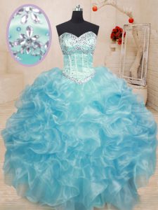 Inexpensive Beading and Ruffles Sweet 16 Dresses Aqua Blue Lace Up Sleeveless Floor Length