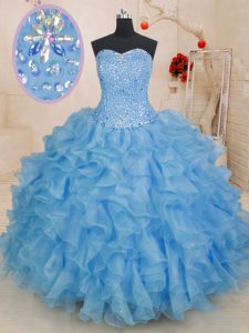 New Arrival Blue Ball Gowns Organza Sweetheart Sleeveless Beading and Ruffles Floor Length Lace Up Quinceanera Gowns