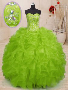 Most Popular Yellow Green 15th Birthday Dress Military Ball and Sweet 16 and Quinceanera and For with Beading and Ruffles Sweetheart Sleeveless Lace Up