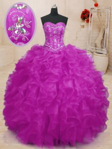 Fuchsia Ball Gowns Sweetheart Sleeveless Organza Floor Length Lace Up Beading and Ruffles Sweet 16 Quinceanera Dress