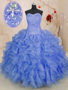 Organza Sweetheart Sleeveless Lace Up Beading and Ruffles Sweet 16 Dress in Blue
