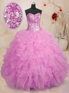 Customized Sleeveless Organza Floor Length Lace Up Quinceanera Gowns in Lilac with Beading and Ruffles