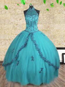 Simple Ball Gowns Sweet 16 Dresses Teal Halter Top Tulle Sleeveless Floor Length Lace Up