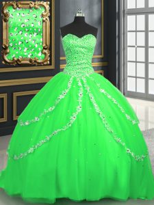 Beautiful Ball Gowns Beading and Appliques 15th Birthday Dress Lace Up Tulle Sleeveless With Train