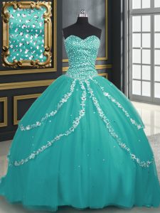 Most Popular With Train Turquoise Quince Ball Gowns Tulle Brush Train Sleeveless Beading and Appliques