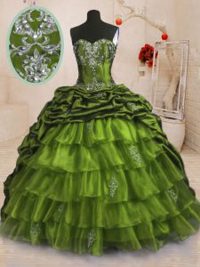 Organza and Taffeta Sleeveless With Train Quinceanera Dress Sweep Train and Beading and Appliques and Ruffled Layers and Pick Ups