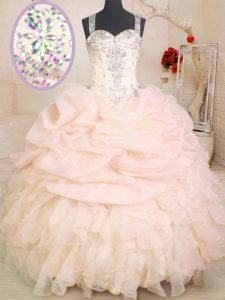 Shining Organza Straps Sleeveless Zipper Beading and Ruffles and Pick Ups Quince Ball Gowns in Pink